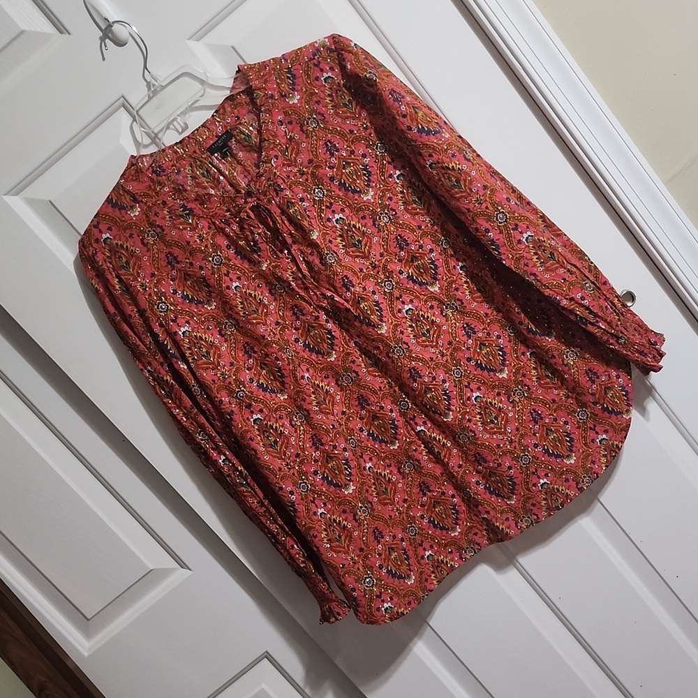 Talbots Shirt Women 2X Orange Pink Paisley Blouse Colorful Boho Peasant